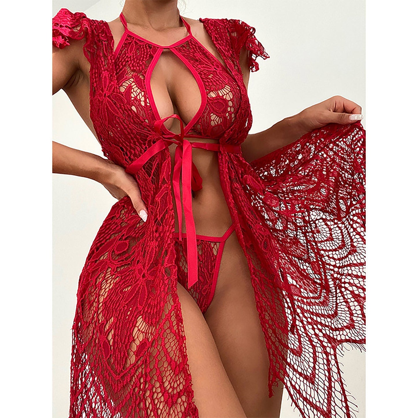 Women Sexy Red Mesh Lace Sexy Suit June