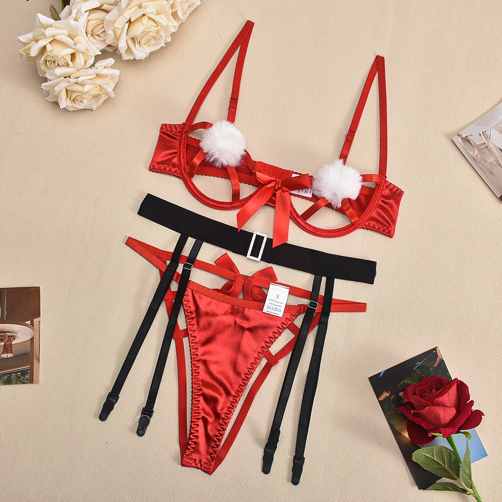 Christmas Series Red with Contrasting Black Chest White Fur Ball Christmas Sexy Women Chest Hollow Out Cutout Design