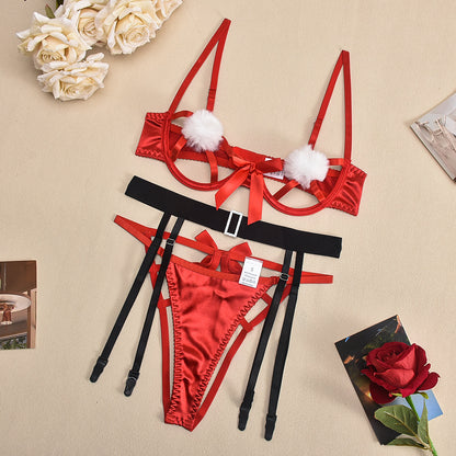 Christmas Series Red with Contrasting Black Chest White Fur Ball Christmas Sexy Women Chest Hollow Out Cutout Design