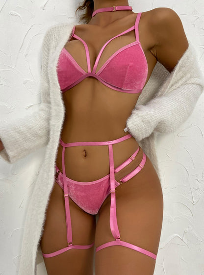 Nightclubs Women Lace See Through Sexy Underwear Four Piece Set