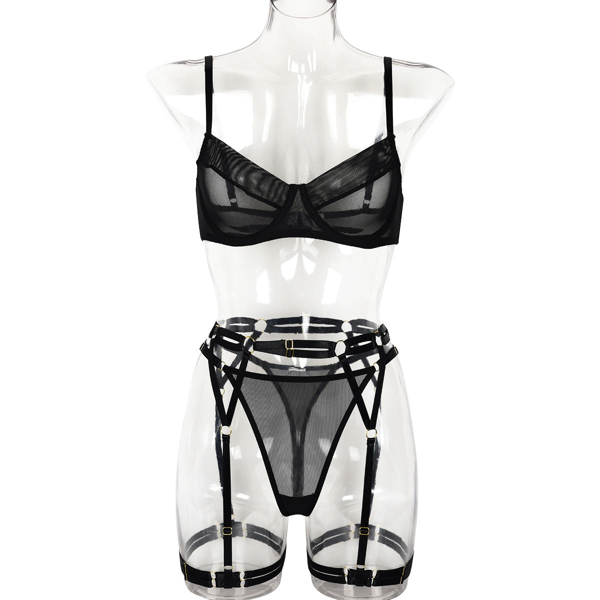 Suit Sexy Mesh See through Underwear Complex Garter Three Piece Set Women