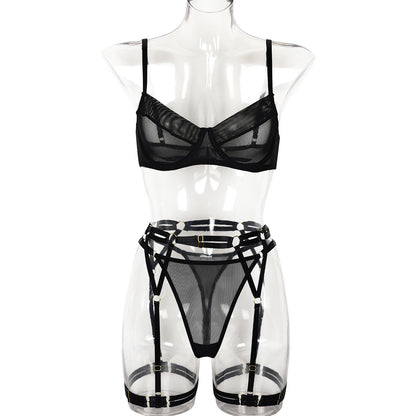 Suit Sexy Mesh See through Underwear Complex Garter Three Piece Set Women