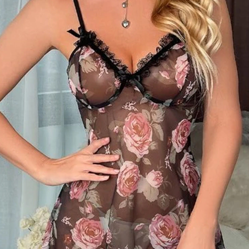 Spring Summer Strap Dress Sexy Lace Floral Sexy Lingerie See through Pajamas Short