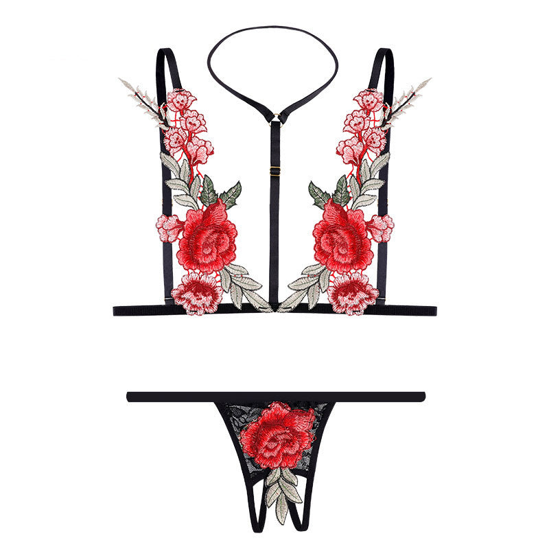 Sexy Hollow Out Cutout Breast Leakage Embroidered Bra Underwear Sexy Lingerie Two Piece Set