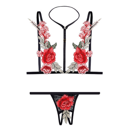Sexy Hollow Out Cutout Breast Leakage Embroidered Bra Underwear Sexy Lingerie Two Piece Set