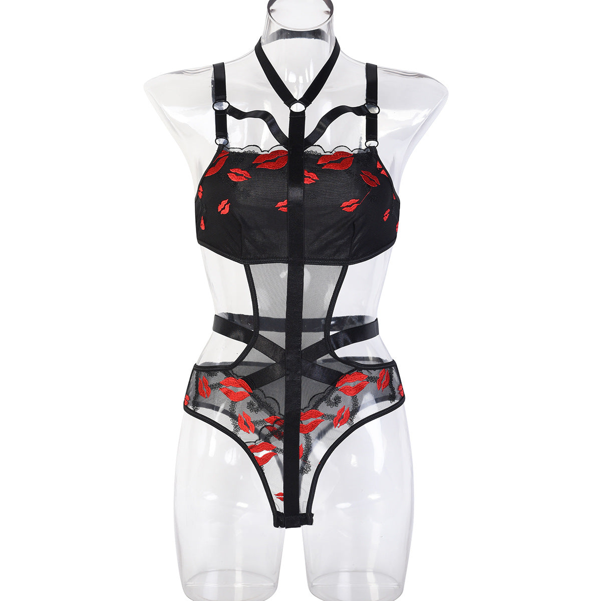 Exclusive for Popular Sexy Girl Embroidery Lip Jumpsuit Base Clothing Buckle Detachable