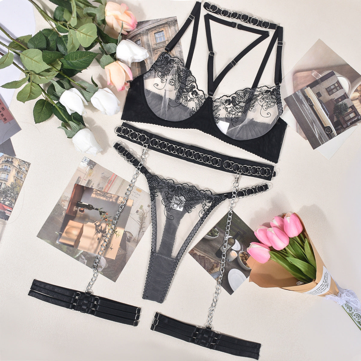 Lingerie Embroidery Sexy Lingerie Complex Metal Heavy Craft Halter Neck Ring Five Piece Set