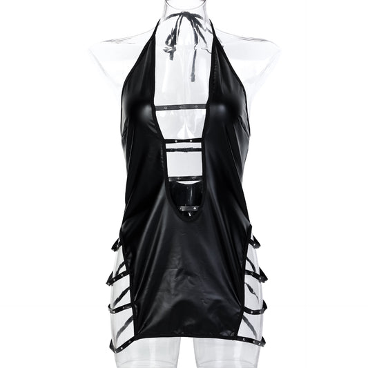 Robe de nuit en Faux cuir verni noir pour femmes, perles en métal ajouré, découpe, bretelles licou, décolleté plongeant en V profond, Sexy pour la maison