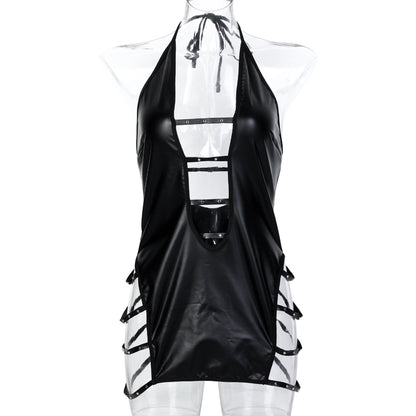 Black Faux Leather Patent Leather Staring Beads Metal Hollow Out Cutout Halter Strap Sexy Deep V Plunge Sexy Home Nightdress Women
