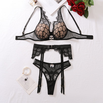Sexy Lace Push Up Thin Bra Suit Hollow Out Cutout Joint Underwear Bra Three Piece Set