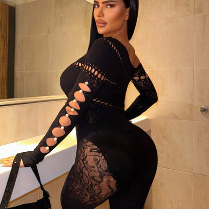 Sexy One Piece Long Sleeves Pearl Shiny Fishnet Clothes Sexy Lingerie