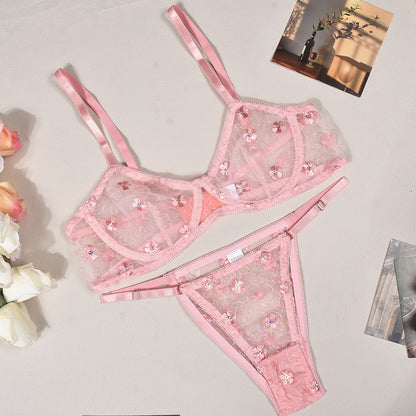Sexy Lingerie Floral Embroidered Sequ See Through Sexy Seduction Bra Set