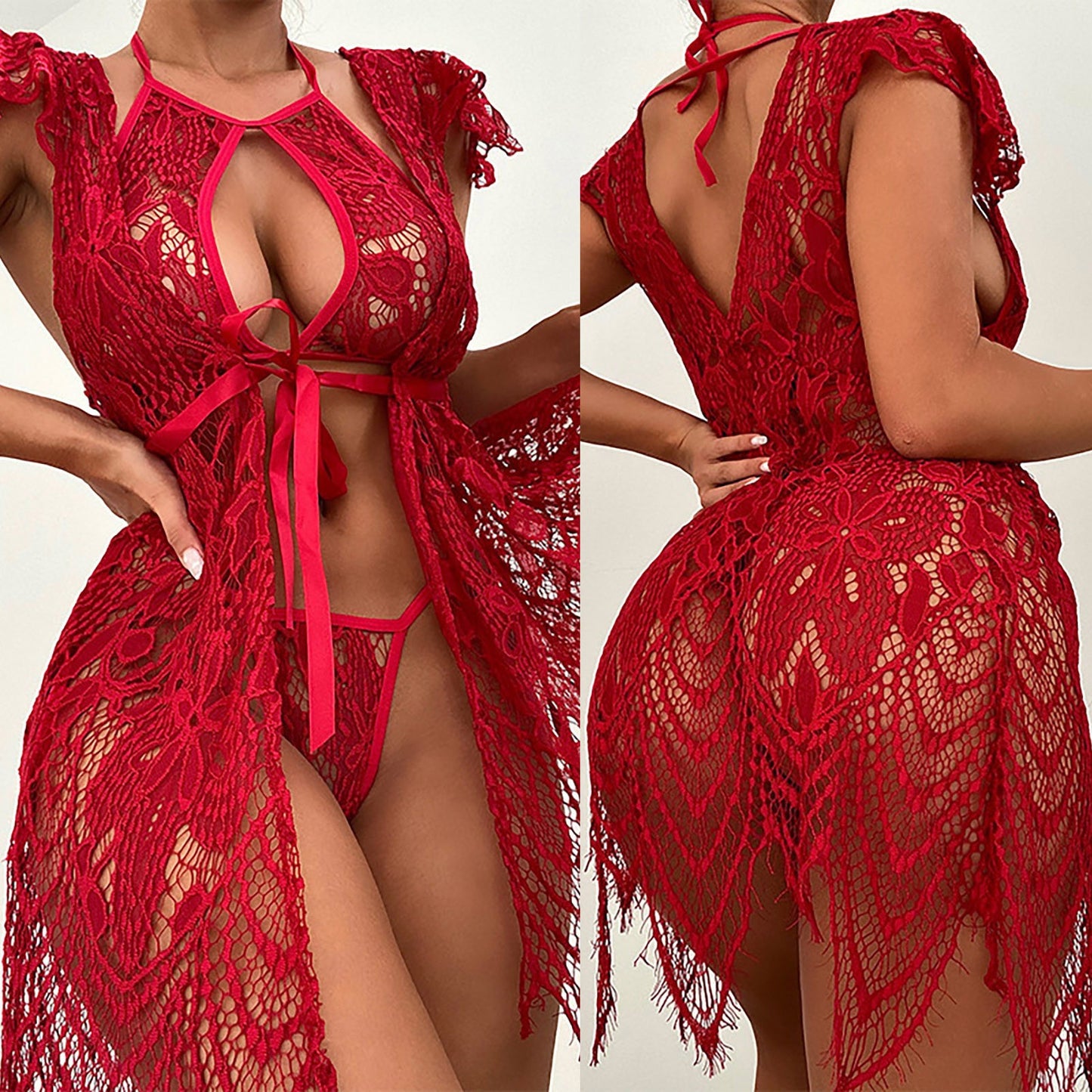 Women Sexy Red Mesh Lace Sexy Suit June