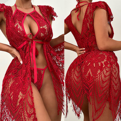 Women Sexy Red Mesh Lace Sexy Suit June