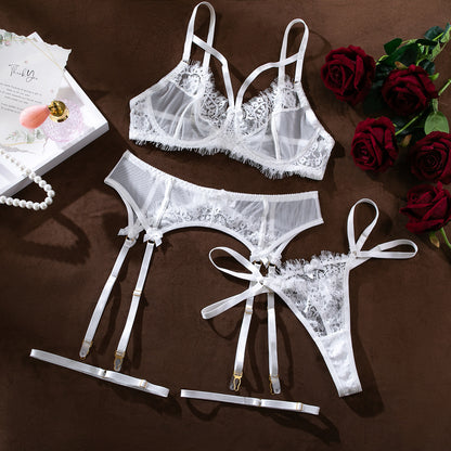Ensemble quatre pièces en maille et dentelle transparente pour femmes, Push Up, à la mode