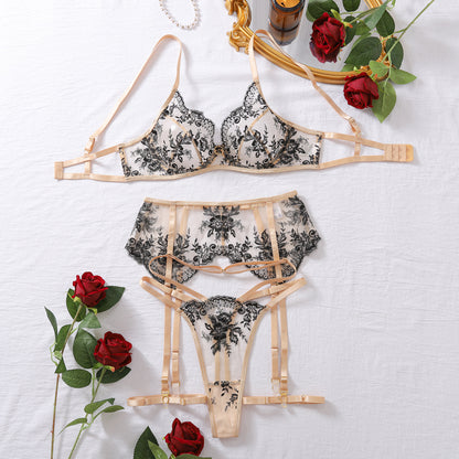 Women Embroidery Heavy Craft Ultra Thin Mesh See through Sexy Bra Set
