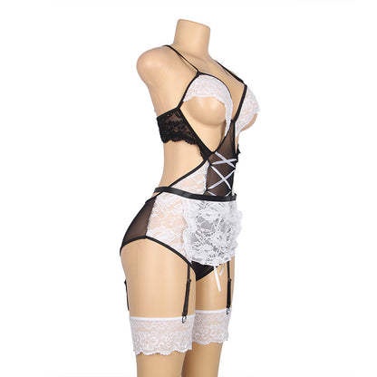 Sexy Lingerie White Lace Sexy Garter Suit Maid Costume With Leg Ring