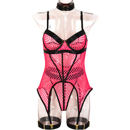 Ensemble trois pièces jupe sexy, coutures en maille large, avec anneau en acier, sous-vêtements avec anneau de jambe licou
