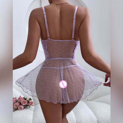 Women Clothing Underwear Sexy Polka Dot Sheer Mesh Lace Crystal Buckle Pure Shu Slip Nightdress Two Piece Set