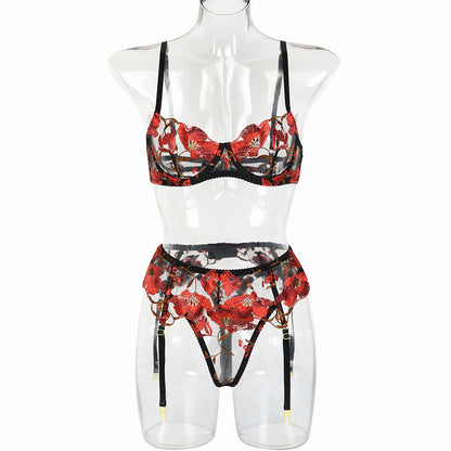 Sexy Underwear Valentine Day Year Export Red Embroidery Floral Three-Piece
