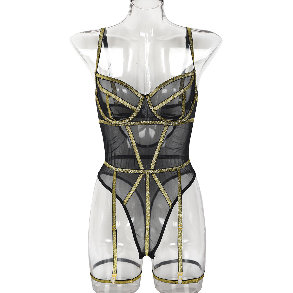 Lingerie Sexy Underwear Jumpsuit Gold Silk Beautiful Line Mesh Stitching Girl Camisole
