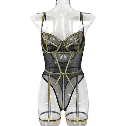Lingerie Sexy Underwear Jumpsuit Gold Silk Beautiful Line Mesh Stitching Girl Camisole