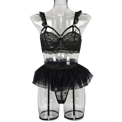 White Wedding Lace Stitching Suit Three Layer Folding Puffy Three Dimensional Mesh Three Piece Set