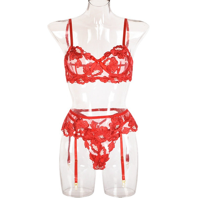 Embroidered Sexy Lingerie Three-Piece Floral Embroidery Steel Ring Push up Sexy Lingerie