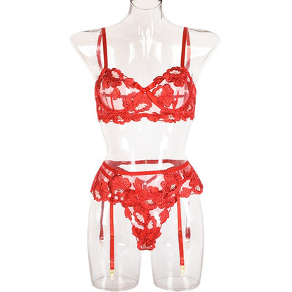 Embroidered Sexy Lingerie Three-Piece Floral Embroidery Steel Ring Push up Sexy Lingerie