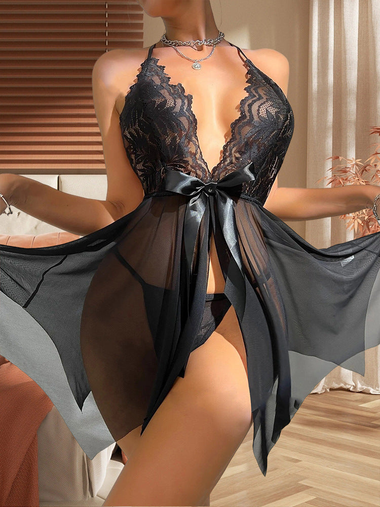 Sexy sujetador de encaje correas de hombro ver a través de traje de ropa interior sexy bowknot