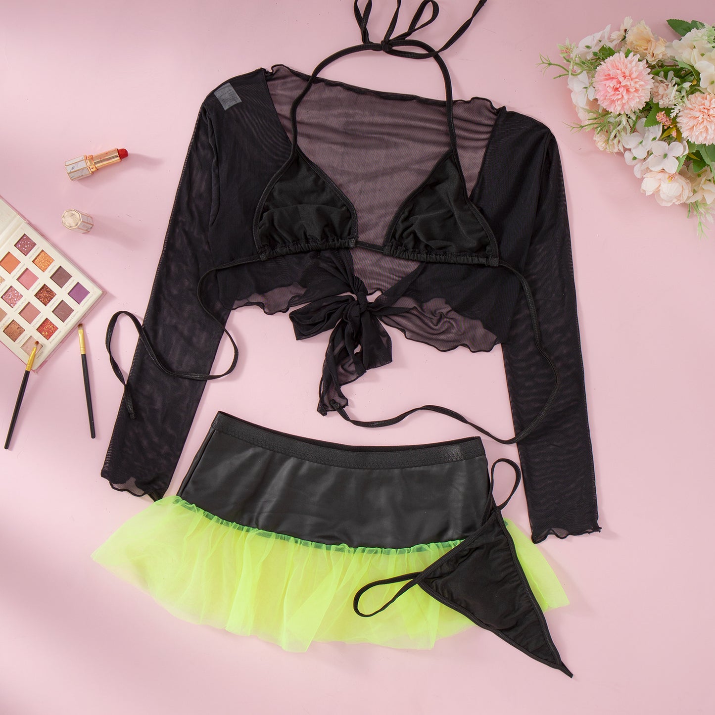 Mesh Bikini Narrow Hem Dress Sexy Long Sleeve See Through Ball Suit Four Piece Set
