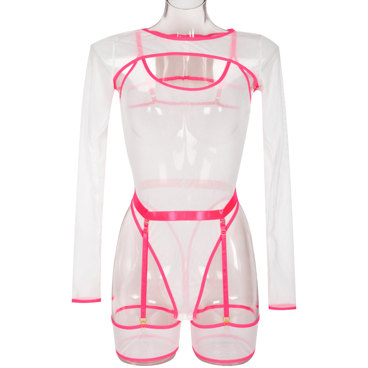Elastic Mesh See through Contrast Color Cover Long Sleeve with Sleeveless Jumpsuit Sexy Lingerie Three Piece Set