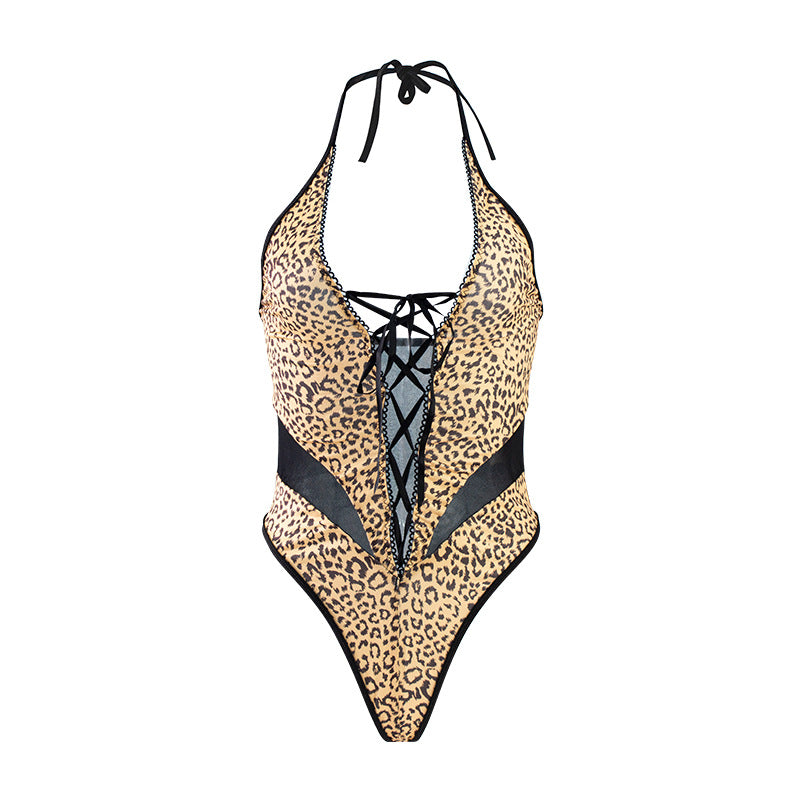 Sexy V neck Backless One Strap Wild Charm Leopard Print Jumpsuit Sex Toy Set