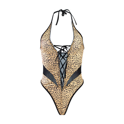 Sexy V neck Backless One Strap Wild Charm Leopard Print Jumpsuit Sex Toy Set