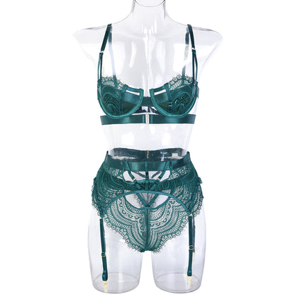 Sexy Three Piece Set Autumn Lace Strap Stitching Steel Ring Heavy Craft Underwear