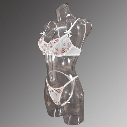 Sexy Lingerie Floral Embroidered Chest Bow Sheer Mesh Sexy Two Piece Set