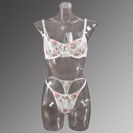 Sexy Lingerie Floral Embroidered Chest Bow Sheer Mesh Sexy Two Piece Set