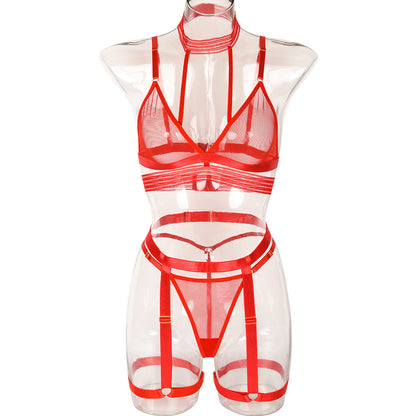 Women Clothing Thin See through Comfortable Halter Sexy Lingerie Three Piece Set