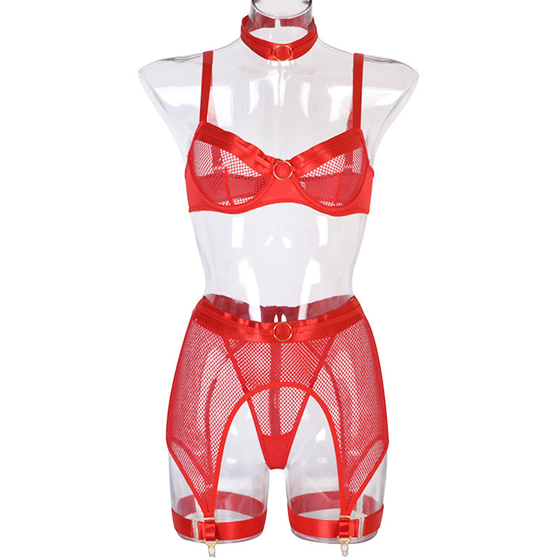 Sexy Mesh Stitching Four-Piece Underwear with Halter Waist Seal