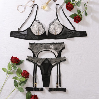 Contrast Color See Through Sexy Four Piece Set Light Mesh Embroidery Stitching Push Up Deep V Plunge Sexy Lingerie Set Women