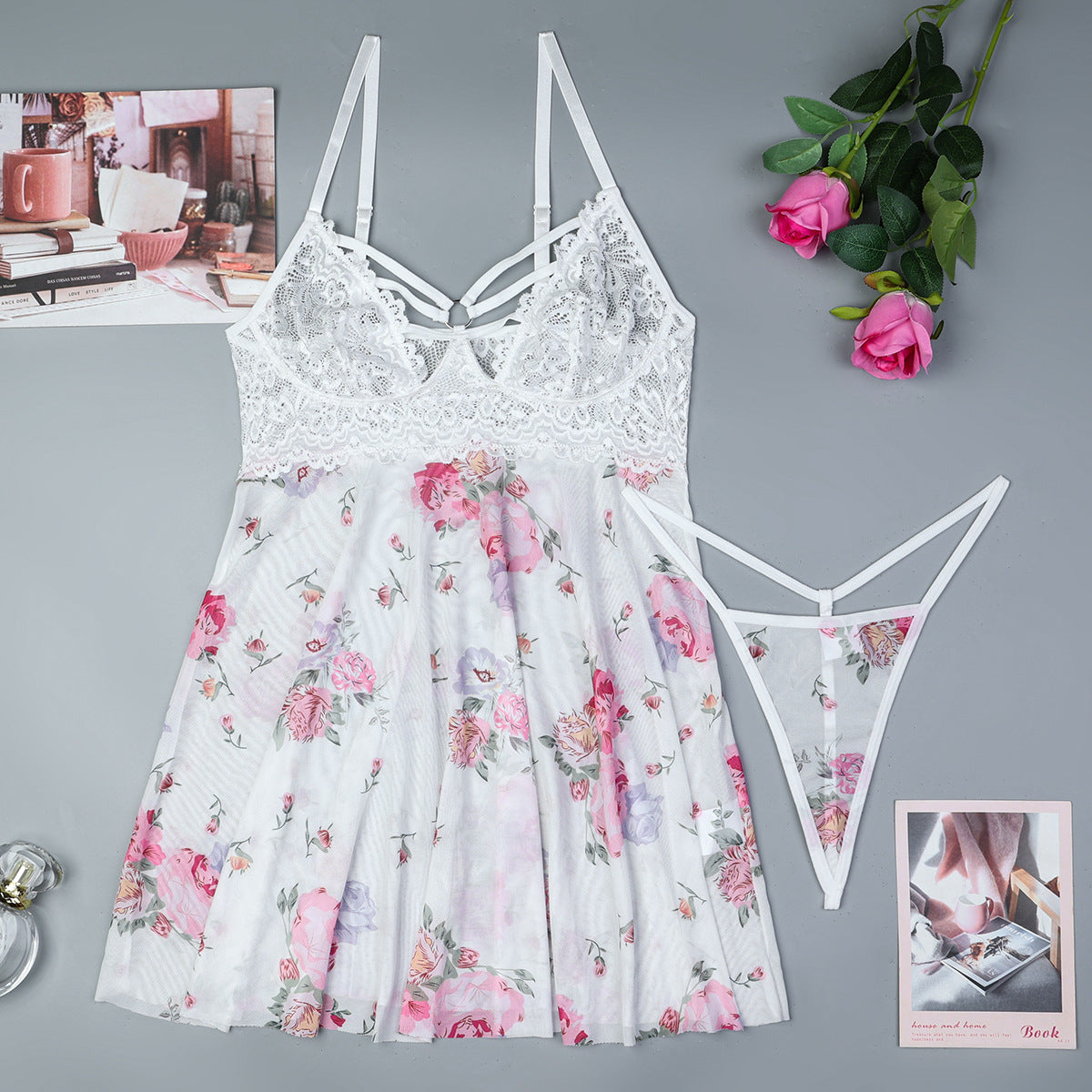 Elastic Printed Mesh Cloth Stitching Lace Sexy Home Pajamas Suspenders Underwear Two Piece Set Women
