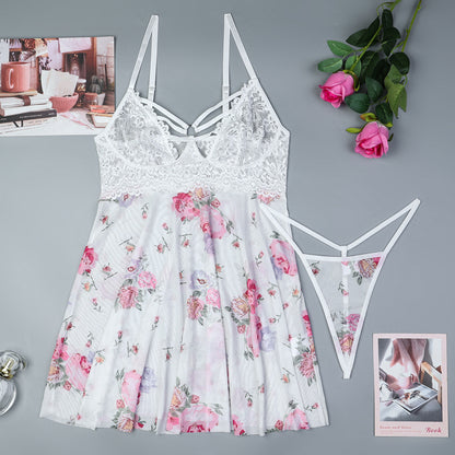 Elastic Printed Mesh Cloth Stitching Lace Sexy Home Pajamas Suspenders Underwear Two Piece Set Women