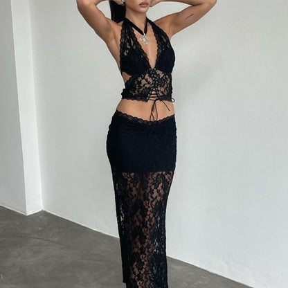 Conjunto de falda de ropa interior con cuello Halter, parte de atrás bonita de encaje Popular, Popular, para usar en exteriores
