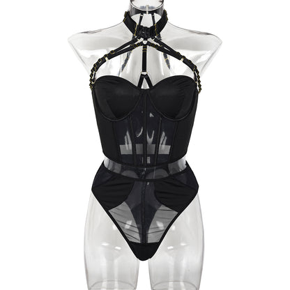 Sexy Suit Mesh Strap Stitching Complex Heavy Craft Metal Halter