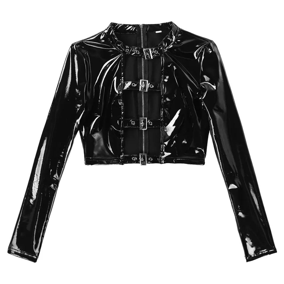 Sexy Long Sleeve Tied Patent Leather Split Two Piece Suit