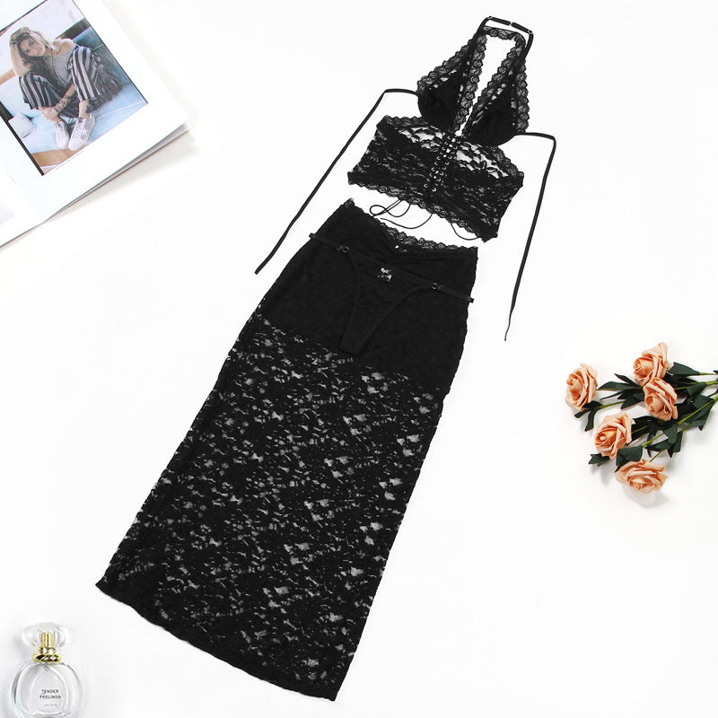 Conjunto de falda de ropa interior con cuello Halter, parte de atrás bonita de encaje Popular, Popular, para usar en exteriores