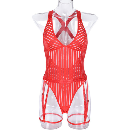 Sexy Hollow Out Cutout Striped Cross Strap One Piece Sexy Lingerie Suit