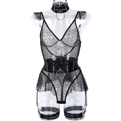 Sexy 5 Piece Set Winter Mesh Stitching Jumpsuit With Large Halter Waist Seal Leg Ring