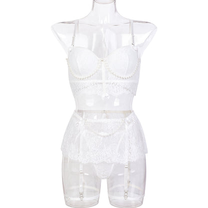 Lightweight Lace See Through Pearl Handmade Shaping Bow Sexy Lingerie Four Piece Set