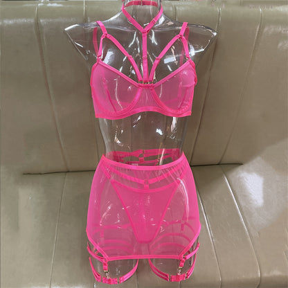 Sexy Lingerie Three Piece Set Mesh with Steel Bracket Stitching Sexy Clothes